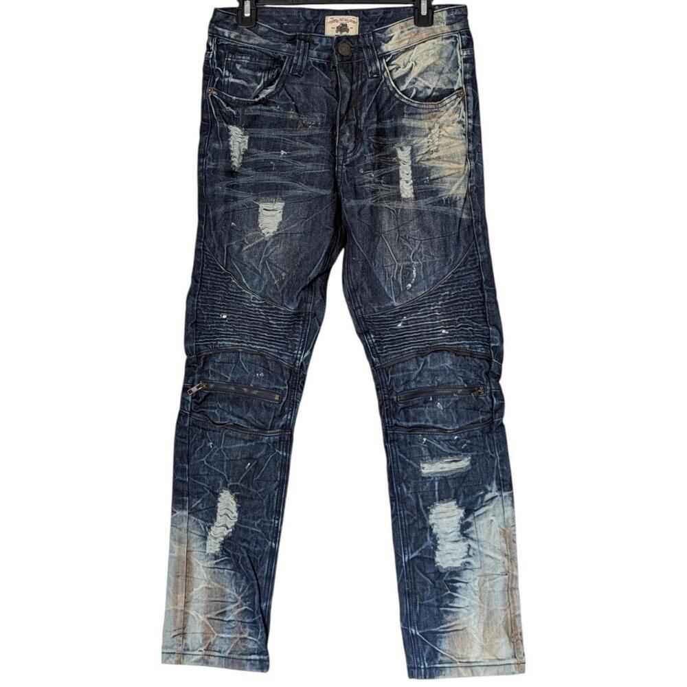 Smoke Rise Jeans Mens 30x30 Blue Moto‎ Biker Distressed Zipper Paint Splatter